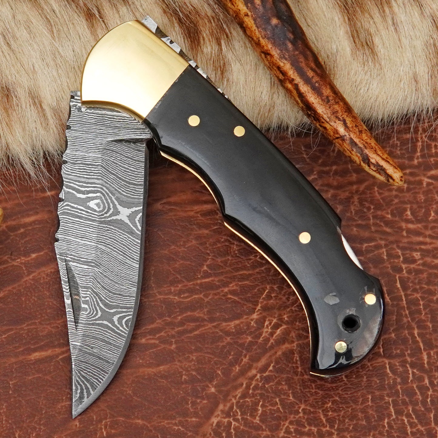 Damascus Steel Pocket Folding Knife with Buffalo Horn Handle Brass Bolster Leather Sheath EDC Knife ILFOL02