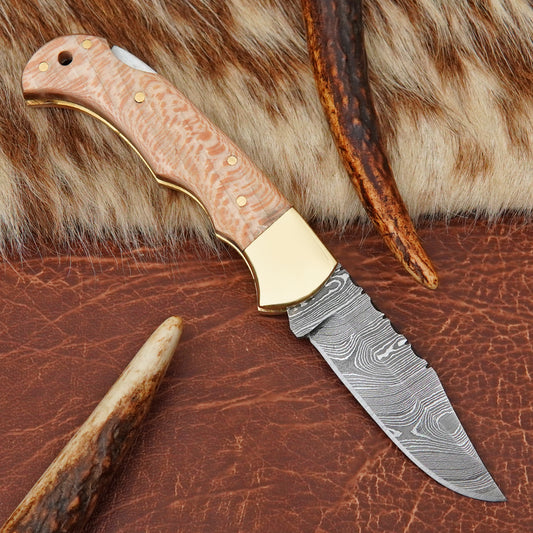 Damascus Steel 4-Piece Pocket Folding Knife Lot with Maple Wood Handle Brass Bolster Leather Sheath EDC Knife LOT4ILFOL07