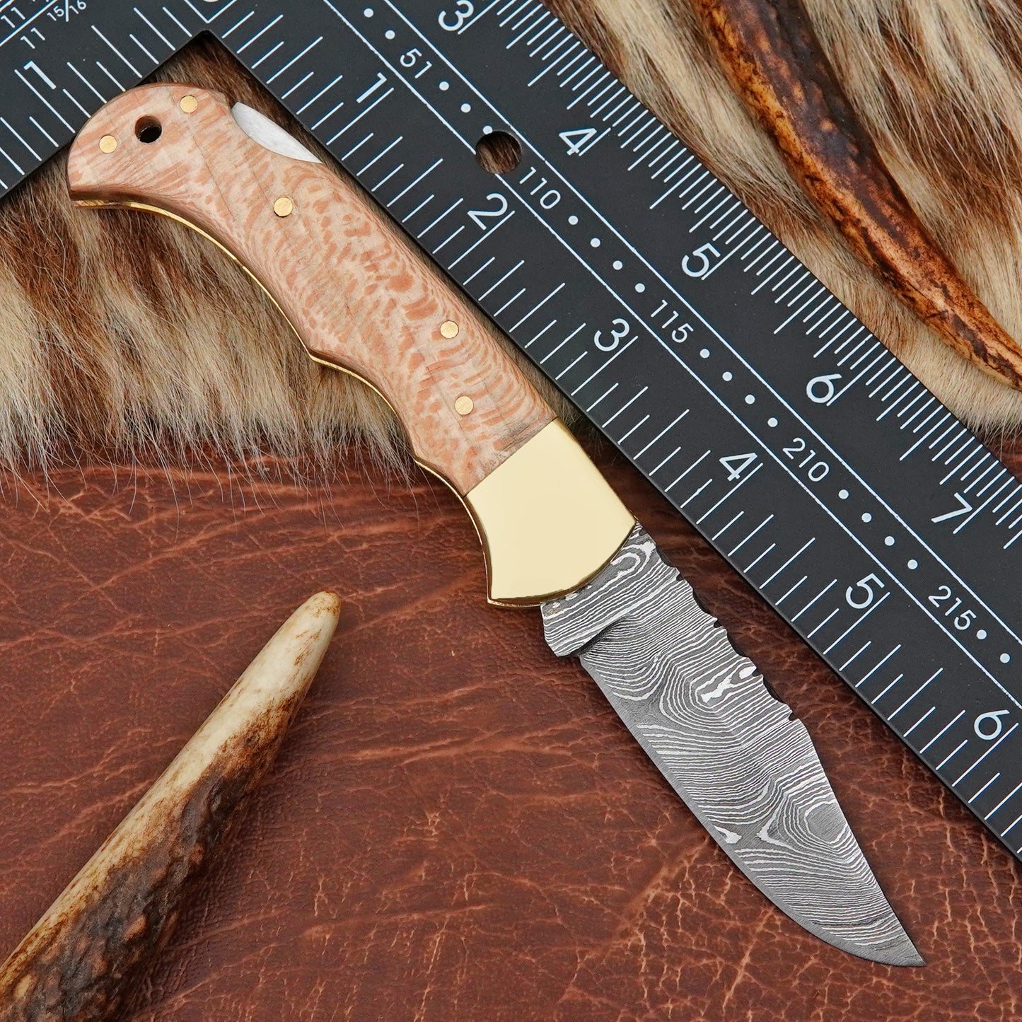 Damascus Steel Pocket Folding Knife with Maple Wood Handle Brass Bolster Leather Sheath EDC Knife ILFOL07