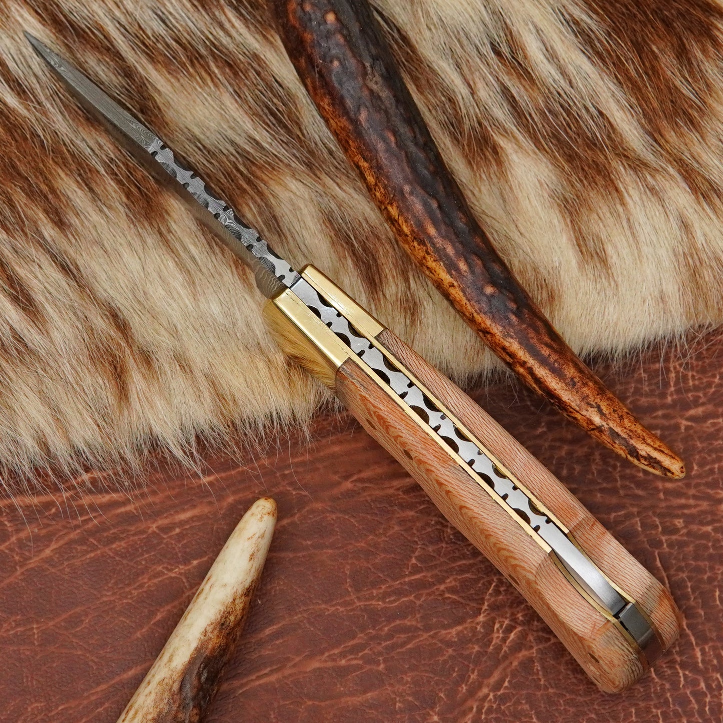 Damascus Steel Pocket Folding Knife with Maple Wood Handle Brass Bolster Leather Sheath EDC Knife ILFOL07