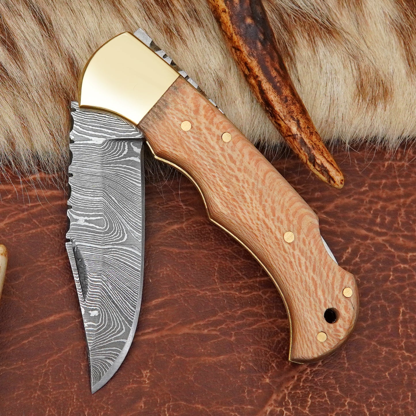Damascus Steel Pocket Folding Knife with Maple Wood Handle Brass Bolster Leather Sheath EDC Knife ILFOL07