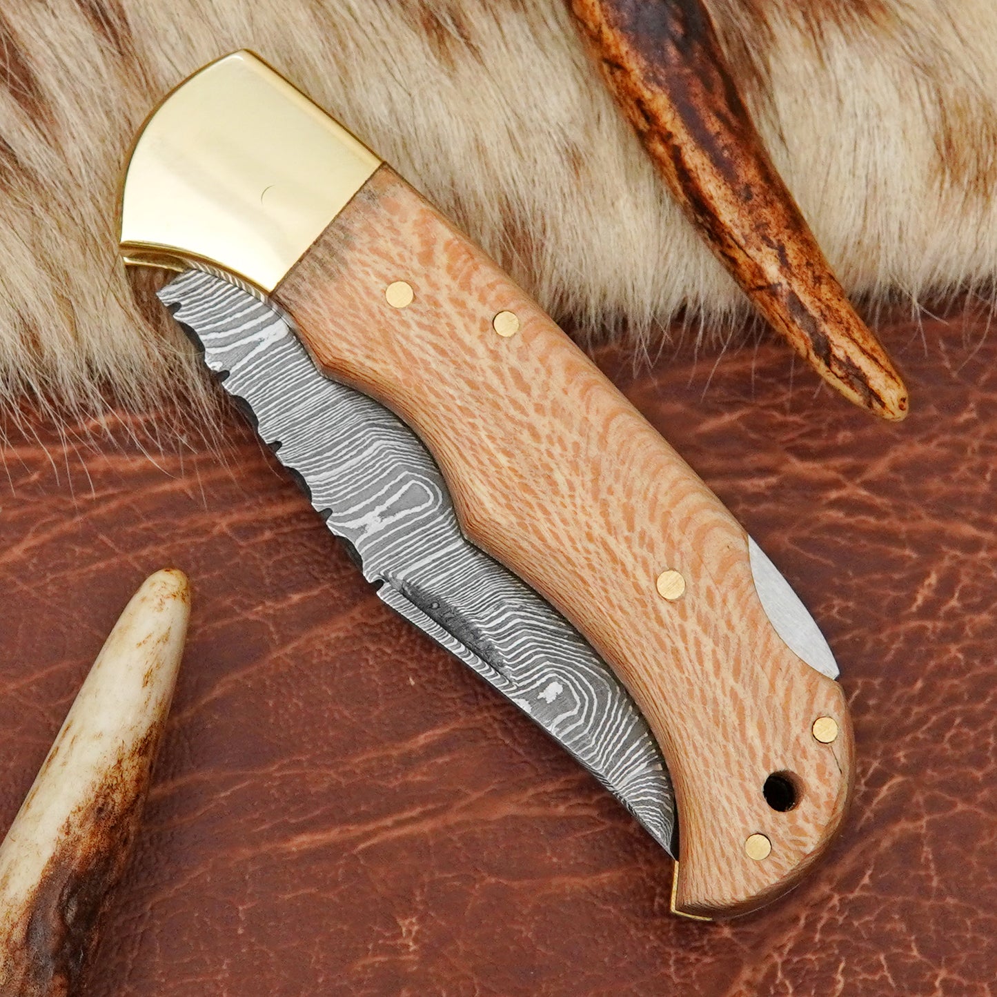 Damascus Steel Pocket Folding Knife with Maple Wood Handle Brass Bolster Leather Sheath EDC Knife ILFOL07