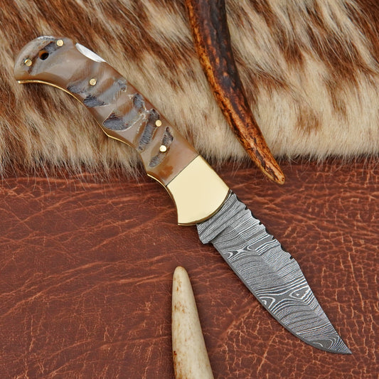 Damascus Steel Pocket Folding Knife with Ram Horn Handle Brass Bolster Leather Sheath EDC Knife ILFOL03