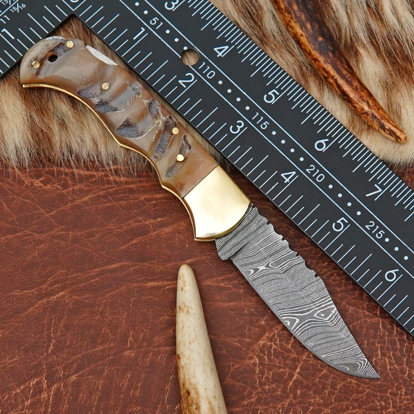 Damascus Steel Pocket Folding Knife with Ram Horn Handle Brass Bolster Leather Sheath EDC Knife ILFOL03