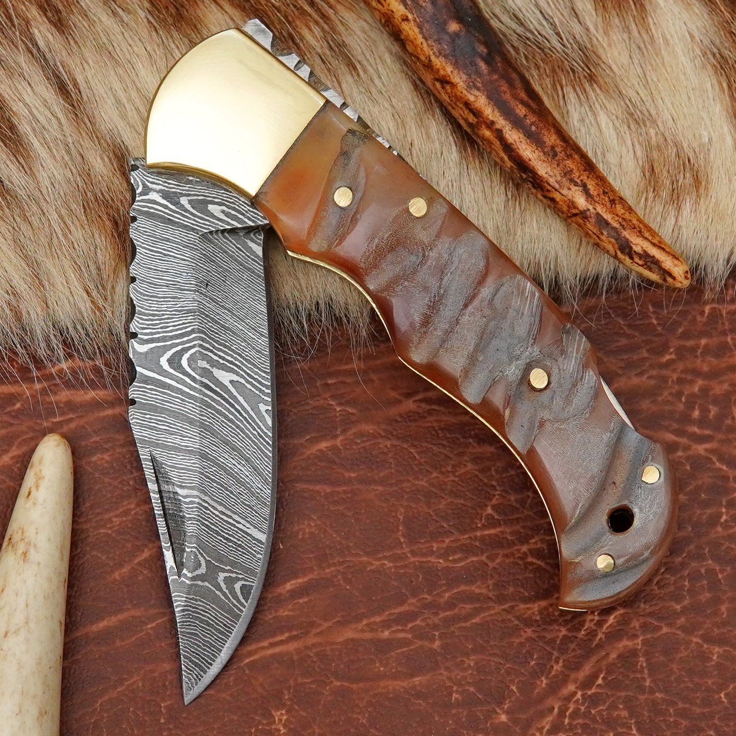 Damascus Steel Pocket Folding Knife with Ram Horn Handle Brass Bolster Leather Sheath EDC Knife ILFOL03