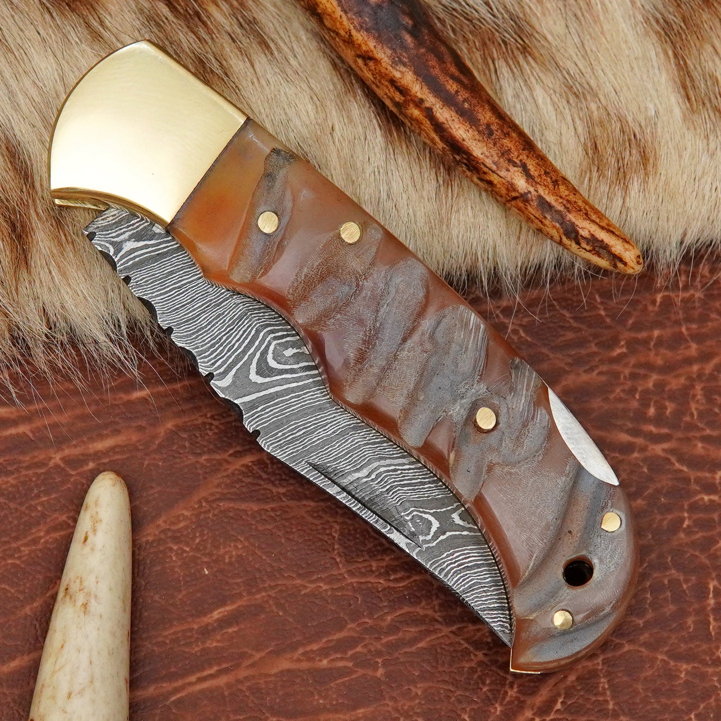 Damascus Steel Pocket Folding Knife with Ram Horn Handle Brass Bolster Leather Sheath EDC Knife ILFOL03