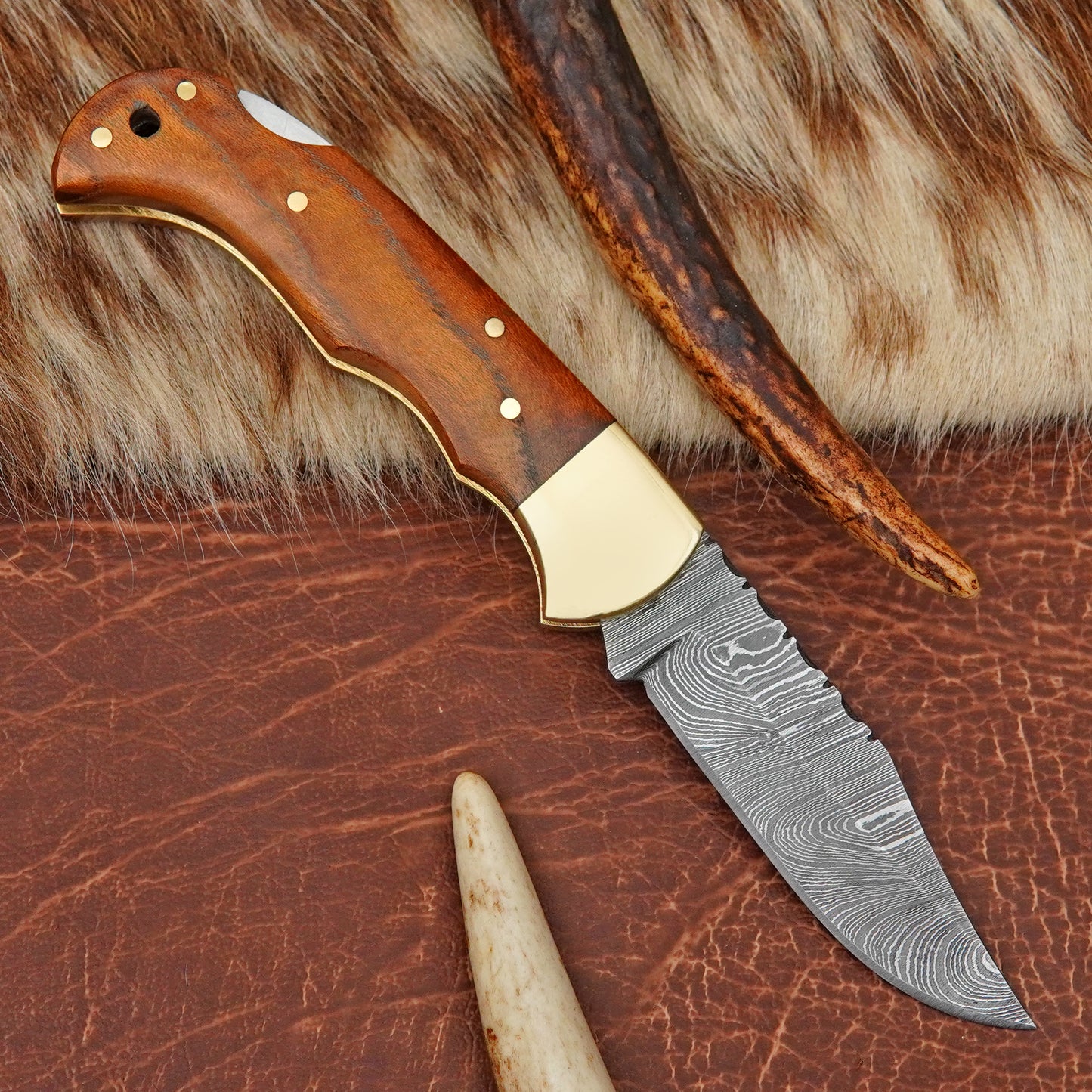 Damascus Steel Pocket Folding Knife with Mulberry Wood Handle Brass Bolster Leather Sheath EDC Knife ILFOL09