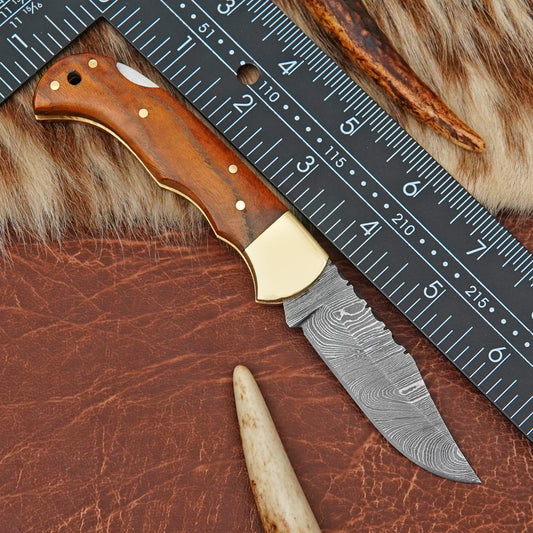 Damascus Steel 4-Piece Pocket Folding Knife Lot with Mulberry Wood Handle Brass Bolster Leather Sheath EDC Knife LOT4ILFOL09