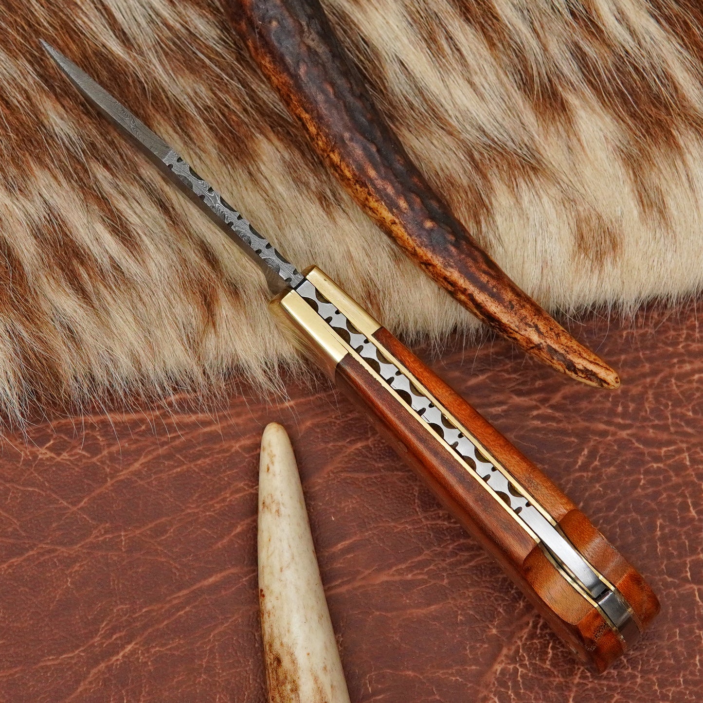 Damascus Steel Pocket Folding Knife with Mulberry Wood Handle Brass Bolster Leather Sheath EDC Knife ILFOL09