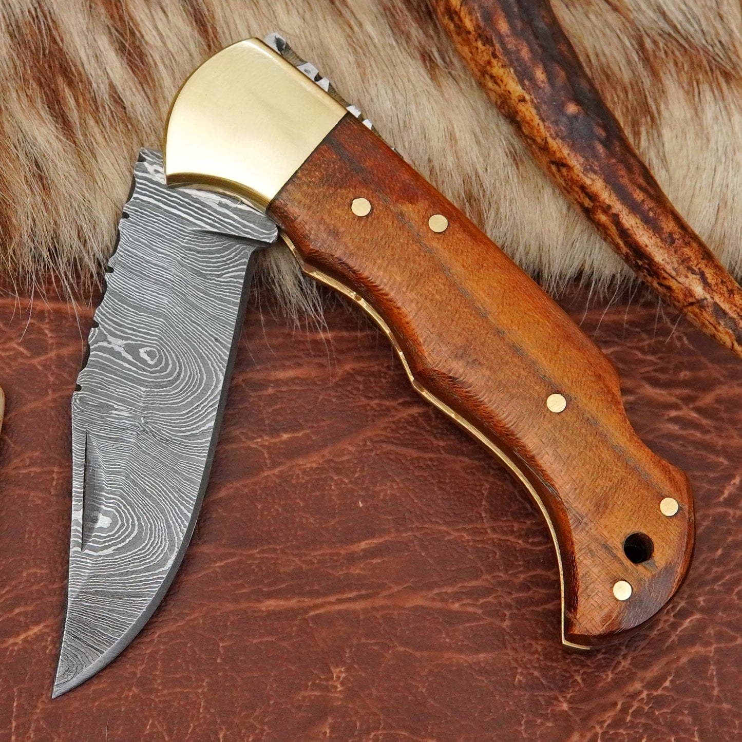 Damascus Steel Pocket Folding Knife with Mulberry Wood Handle Brass Bolster Leather Sheath EDC Knife ILFOL09