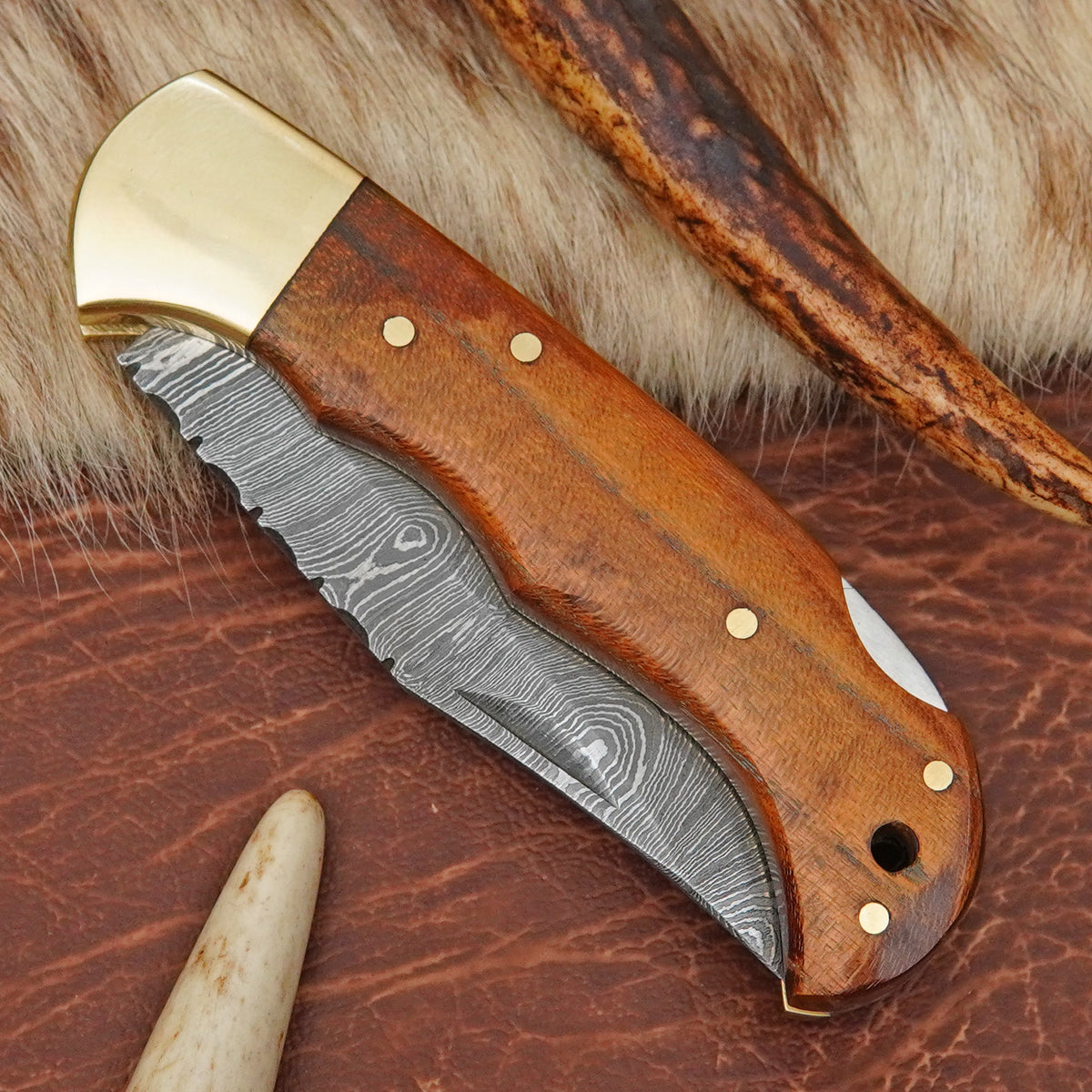 Damascus Steel 4-Piece Pocket Folding Knife Lot with Mulberry Wood Handle Brass Bolster Leather Sheath EDC Knife LOT4ILFOL09