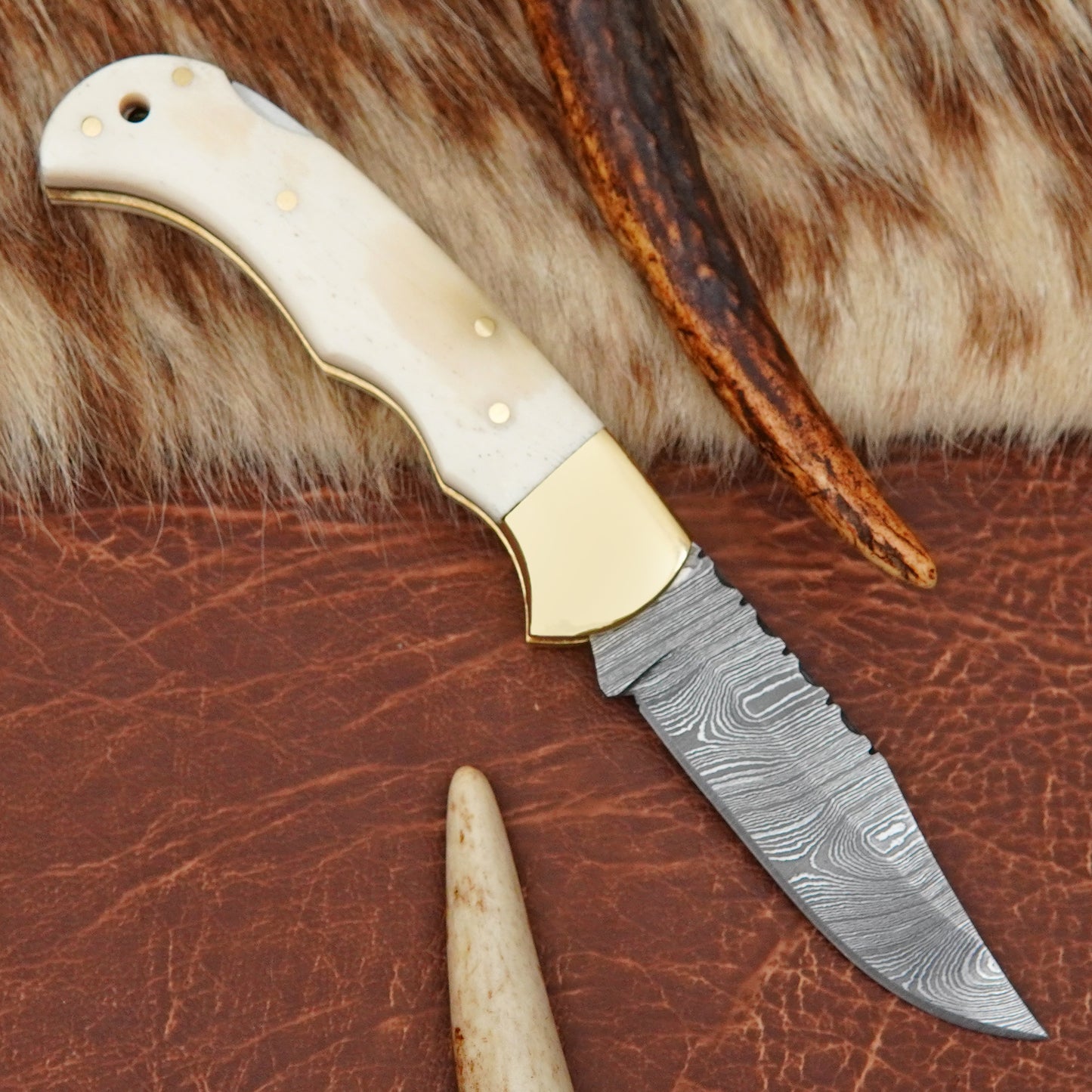 Damascus Steel Pocket Folding Knife with Camel Bone Handle Brass Bolster Leather Sheath EDC Camping Knife ILFOL01
