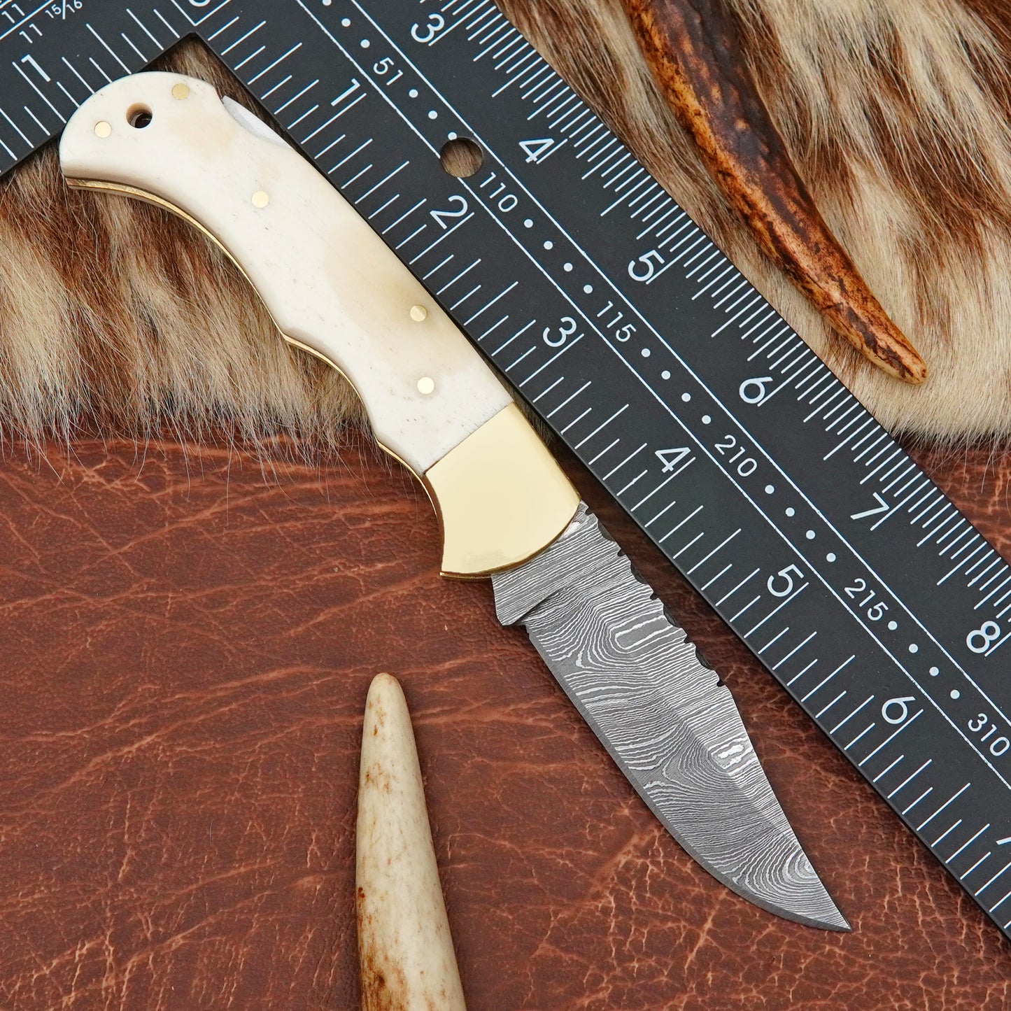 Damascus Steel Pocket Folding Knife with Camel Bone Handle Brass Bolster Leather Sheath EDC Camping Knife ILFOL01