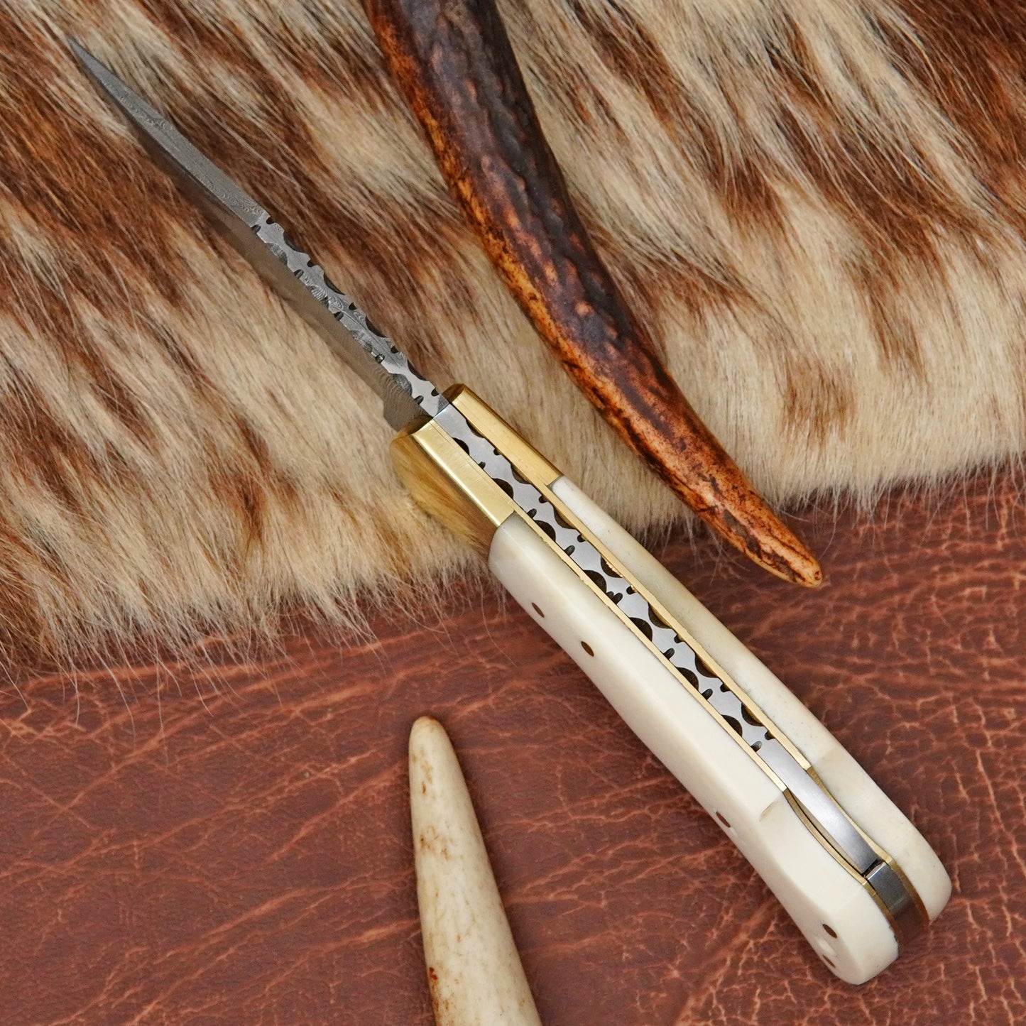 Damascus Steel Pocket Folding Knife with Camel Bone Handle Brass Bolster Leather Sheath EDC Camping Knife ILFOL01
