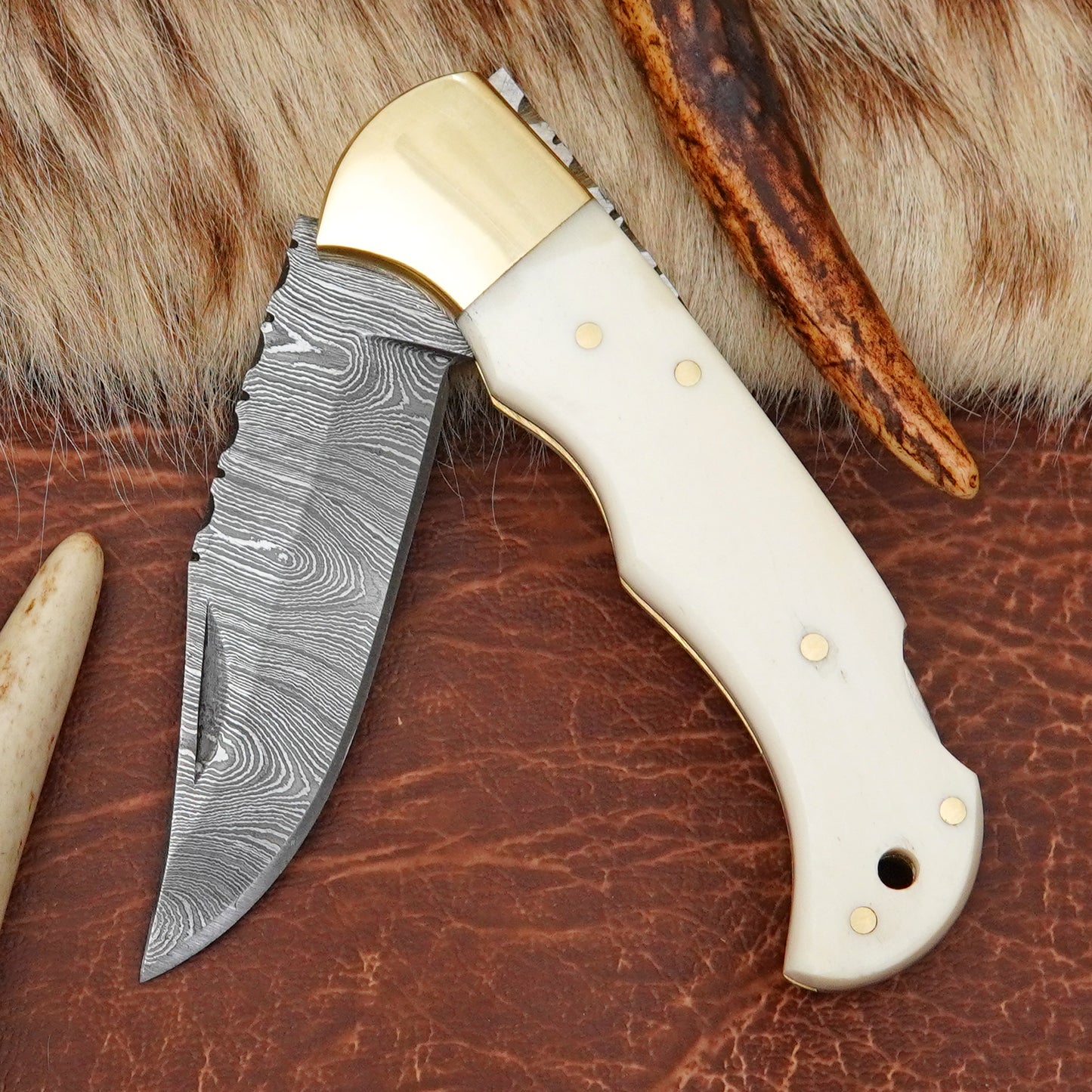Damascus Steel Pocket Folding Knife with Camel Bone Handle Brass Bolster Leather Sheath EDC Camping Knife ILFOL01