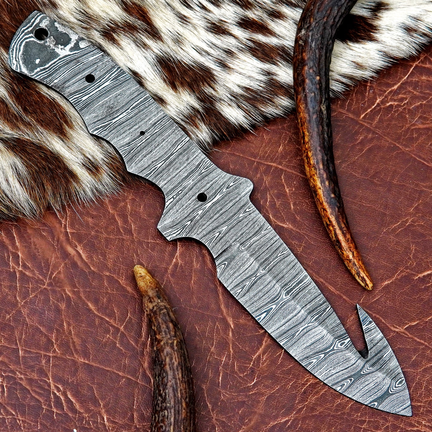 Damascus Steel Gut Hook Knife Blank 11.25” – Hand Forged Full Tang Blade NABB07
