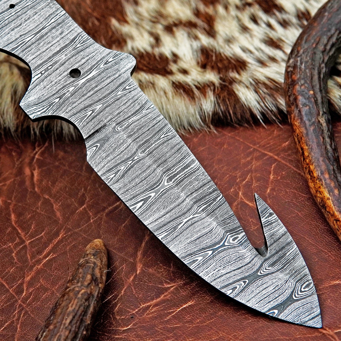 Damascus Steel Gut Hook Knife Blank 11.25” – Hand Forged Full Tang Blade NABB07