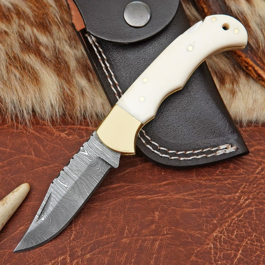Damascus Steel Pocket Folding Knife with Camel Bone Handle Brass Bolster Leather Sheath EDC Camping Knife ILFOL01