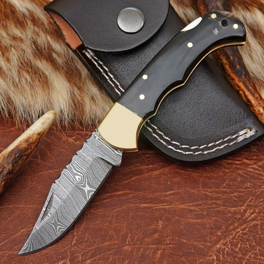 Damascus Steel Pocket Folding Knife with Buffalo Horn Handle Brass Bolster Leather Sheath EDC Knife ILFOL02