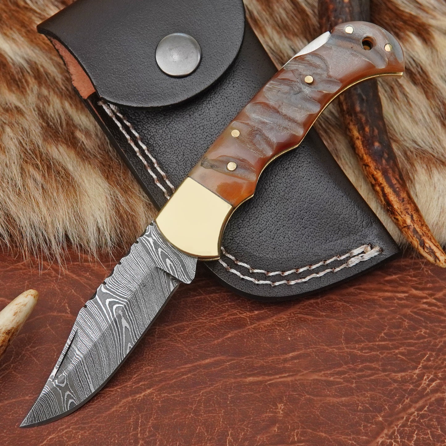 Damascus Steel Pocket Folding Knife with Ram Horn Handle Brass Bolster Leather Sheath EDC Knife ILFOL03