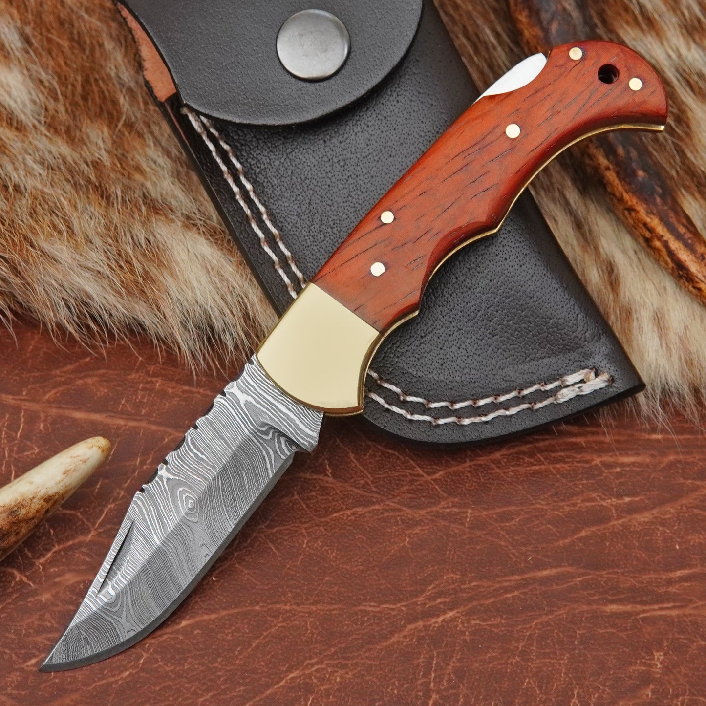 Damascus Steel Pocket Folding Knife with Red African Padauk Wood Handle Brass Bolster Leather Sheath EDC Knife ILFOL04