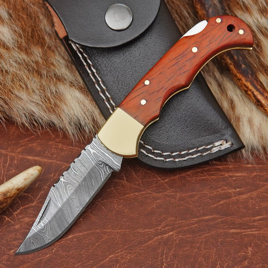 Damascus Steel Pocket Folding Knife with Red African Padauk Wood Handle Brass Bolster Leather Sheath EDC Knife ILFOL04
