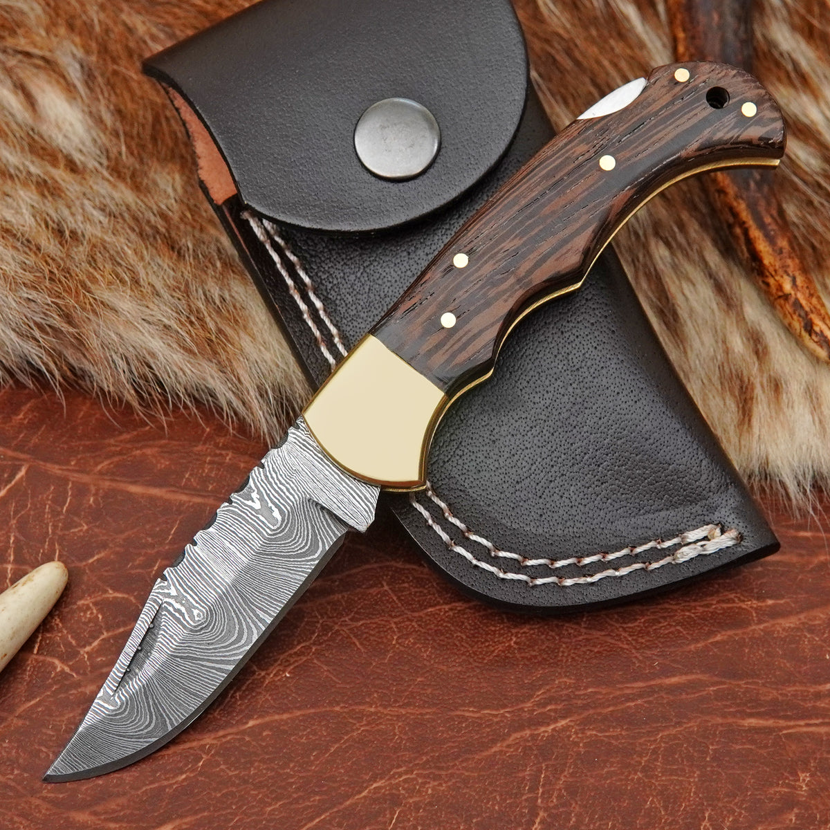Damascus Steel 4-Piece Pocket Folding Knife Lot with Wenge Wood Handle Brass Bolster Leather Sheath EDC Knife LOT4ILFOL05