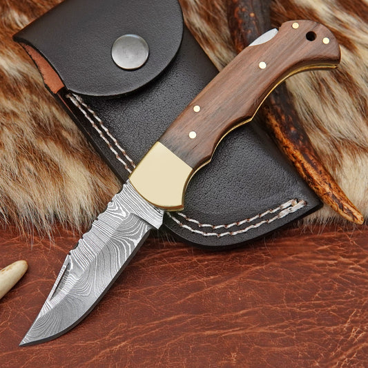 Damascus Steel Pocket Folding Knife with Walnut Wood Handle Brass Bolster Leather Sheath EDC Knife ILFOL06