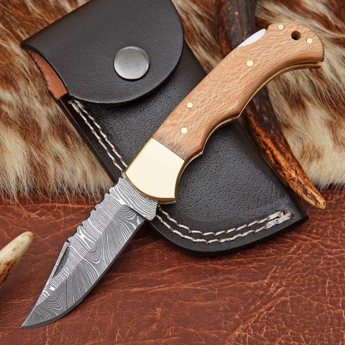 Damascus Steel Pocket Folding Knife with Maple Wood Handle Brass Bolster Leather Sheath EDC Knife ILFOL07