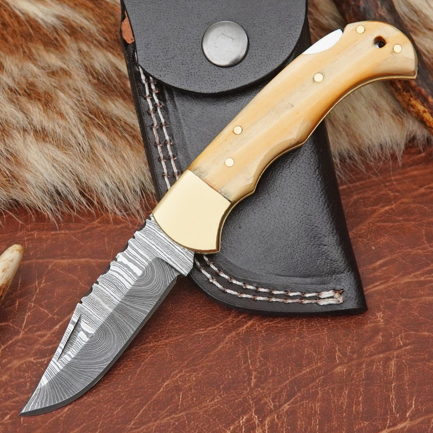 Damascus Steel Pocket Folding Knife with Yellow Pine Wood Handle Brass Bolster Leather Sheath EDC Knife ILFOL08
