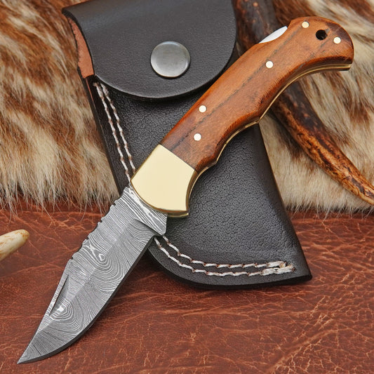 Damascus Steel Pocket Folding Knife with Mulberry Wood Handle Brass Bolster Leather Sheath EDC Knife ILFOL09