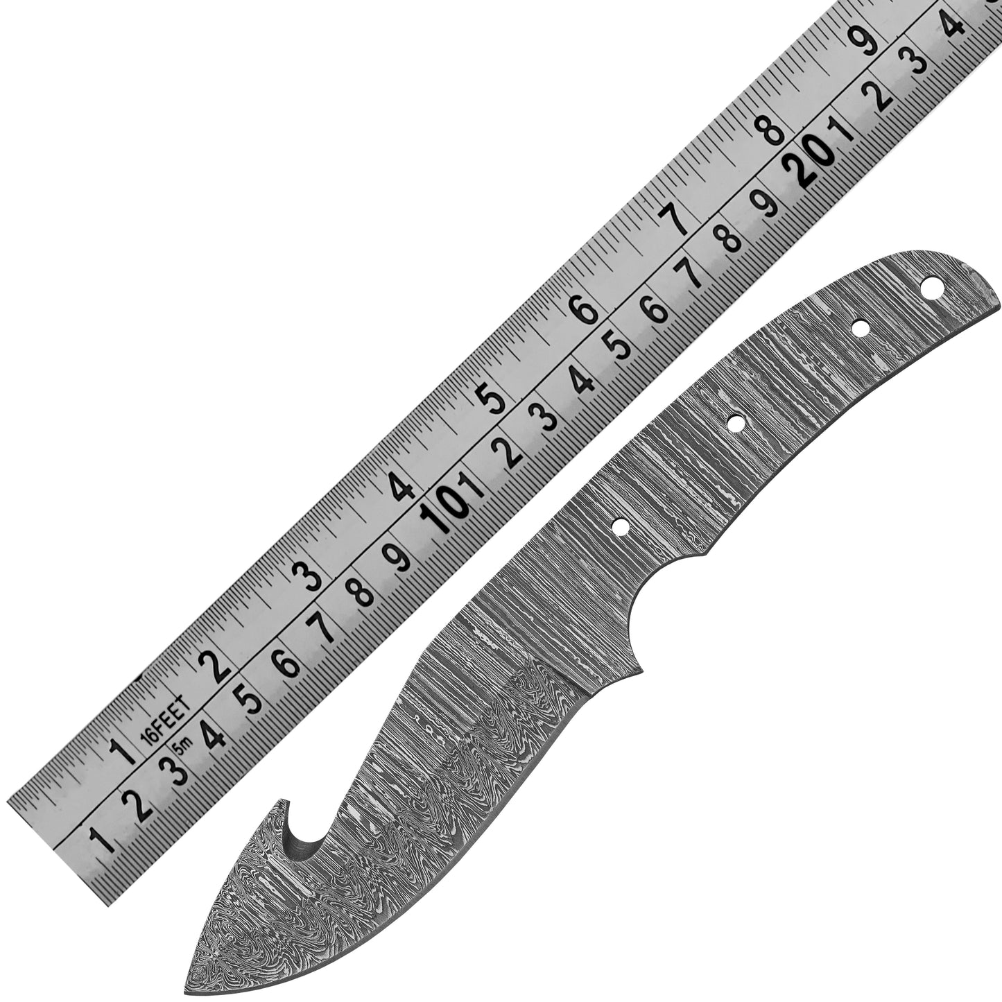 Damascus Steel Knife Making Kit 8.25” – Hand Forged Gut Hook Hunting Full Tang Blade with Wenge Wood Handle NAKIT08