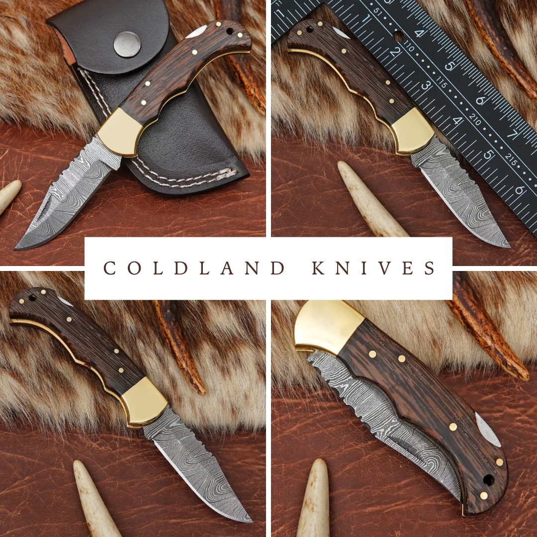 Damascus Steel 4-Piece Pocket Folding Knife Lot with Wenge Wood Handle Brass Bolster Leather Sheath EDC Knife LOT4ILFOL05