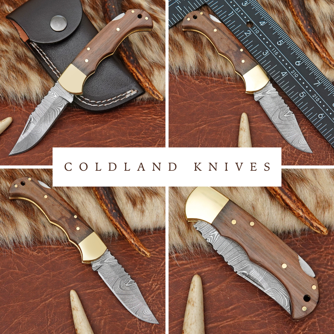 Damascus Steel 4-Piece Pocket Folding Knife Lot with Walnut Wood Handle Brass Bolster Leather Sheath EDC Knife LOT4ILFOL06