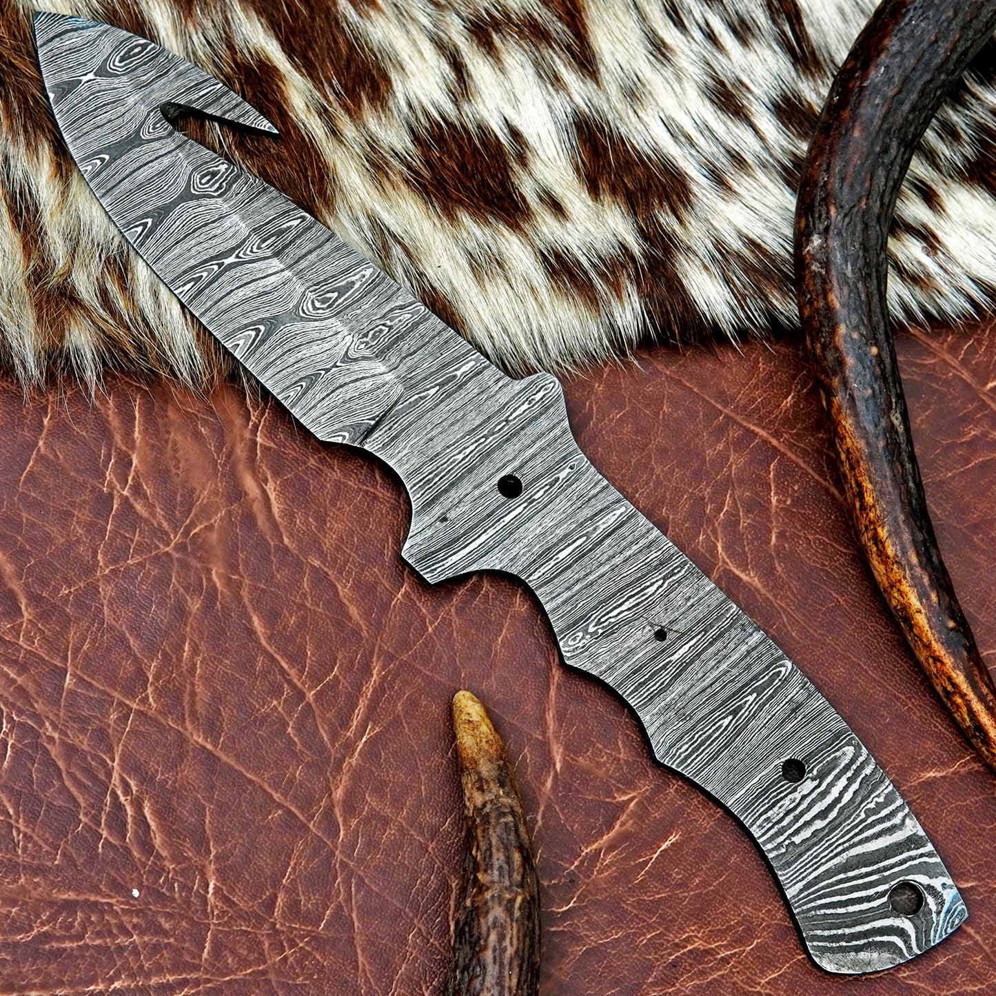 Damascus Steel Gut Hook Knife Blank 11.25” – Hand Forged Full Tang Blade NABB07
