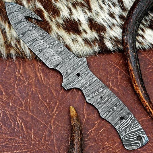 Damascus Steel Gut Hook Knife Blank 11.25” – Hand Forged Full Tang Blade NABB07