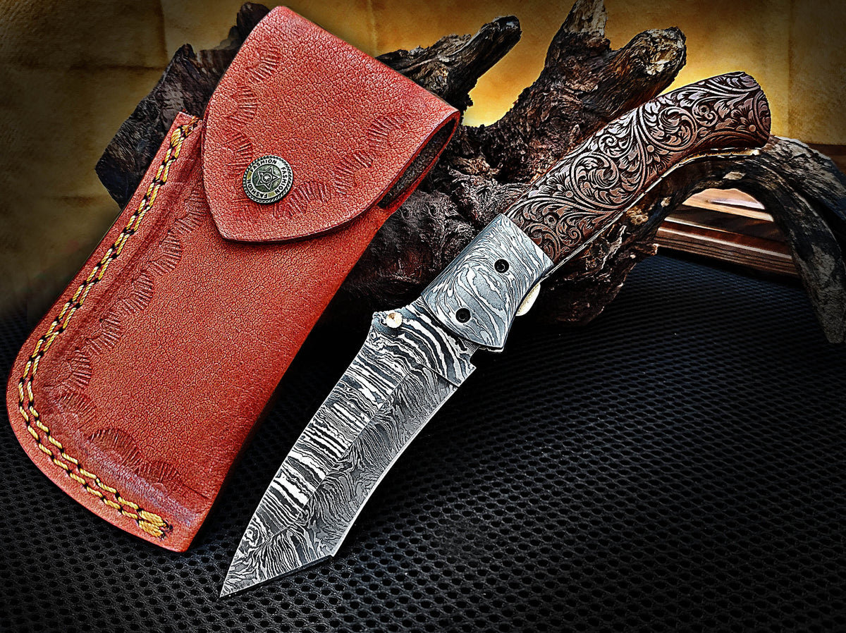 Folding Pocket Tanto Knife, Handmade Damascus Steel with Hand-Engraved Walnut Wood Handle & Damascus Bolster CLKFOL1118