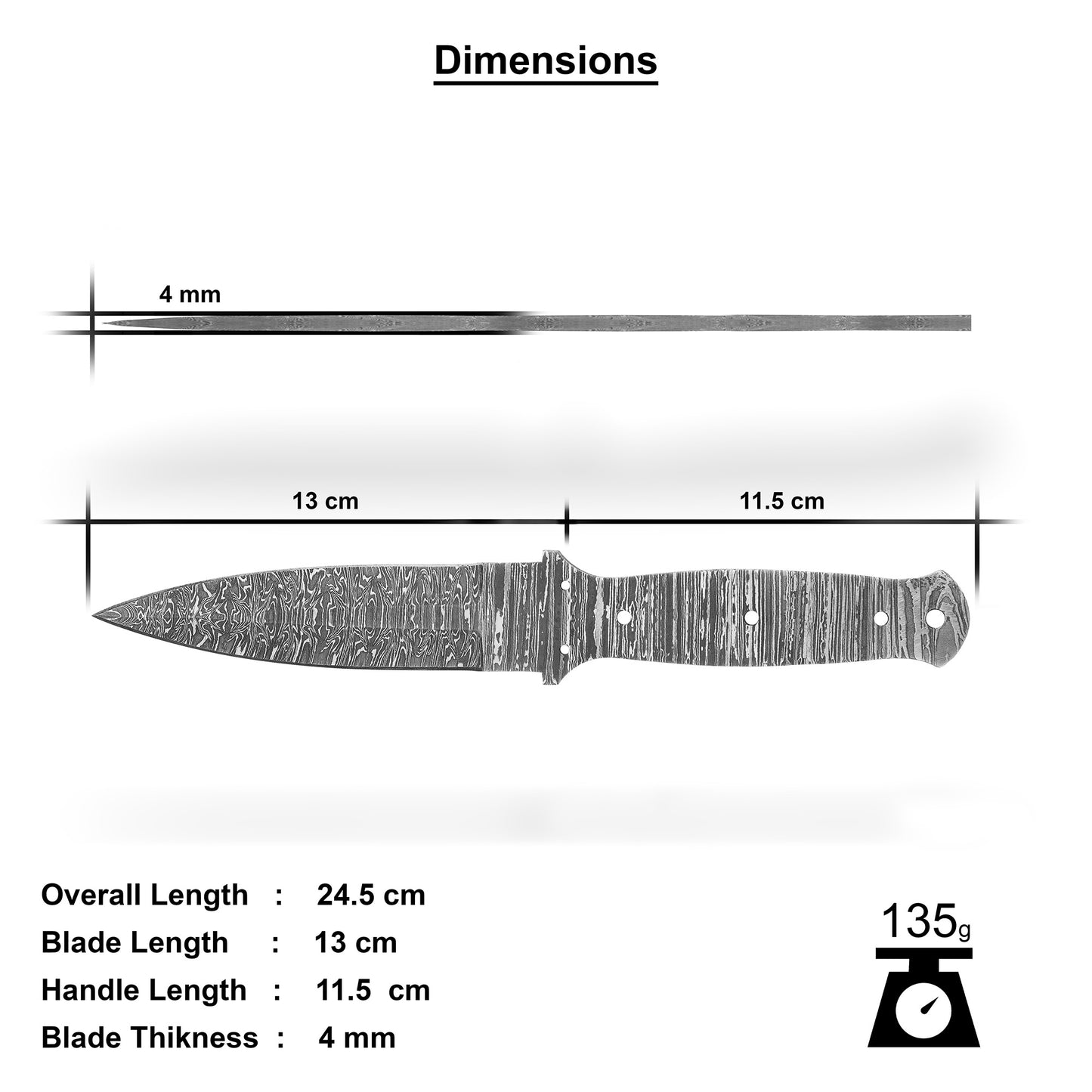 Damascus Steel Knife Making Kit 9.5” – Hand Forged Dagger Full Tang Blade with Musket Wood Handle NAKIT06