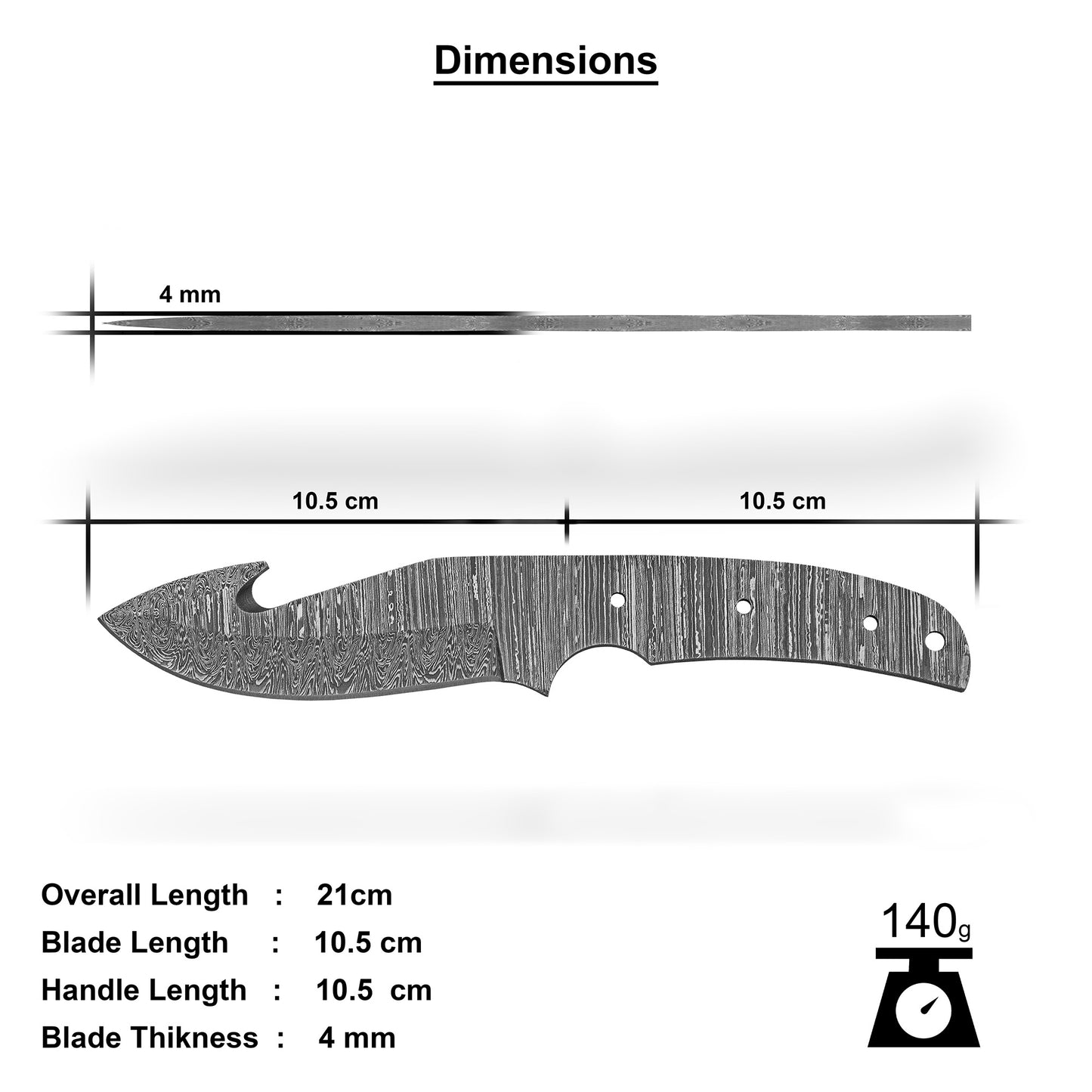 Damascus Steel Knife Making Kit 8.25” – Hand Forged Gut Hook Hunting Full Tang Blade with Wenge Wood Handle NAKIT08
