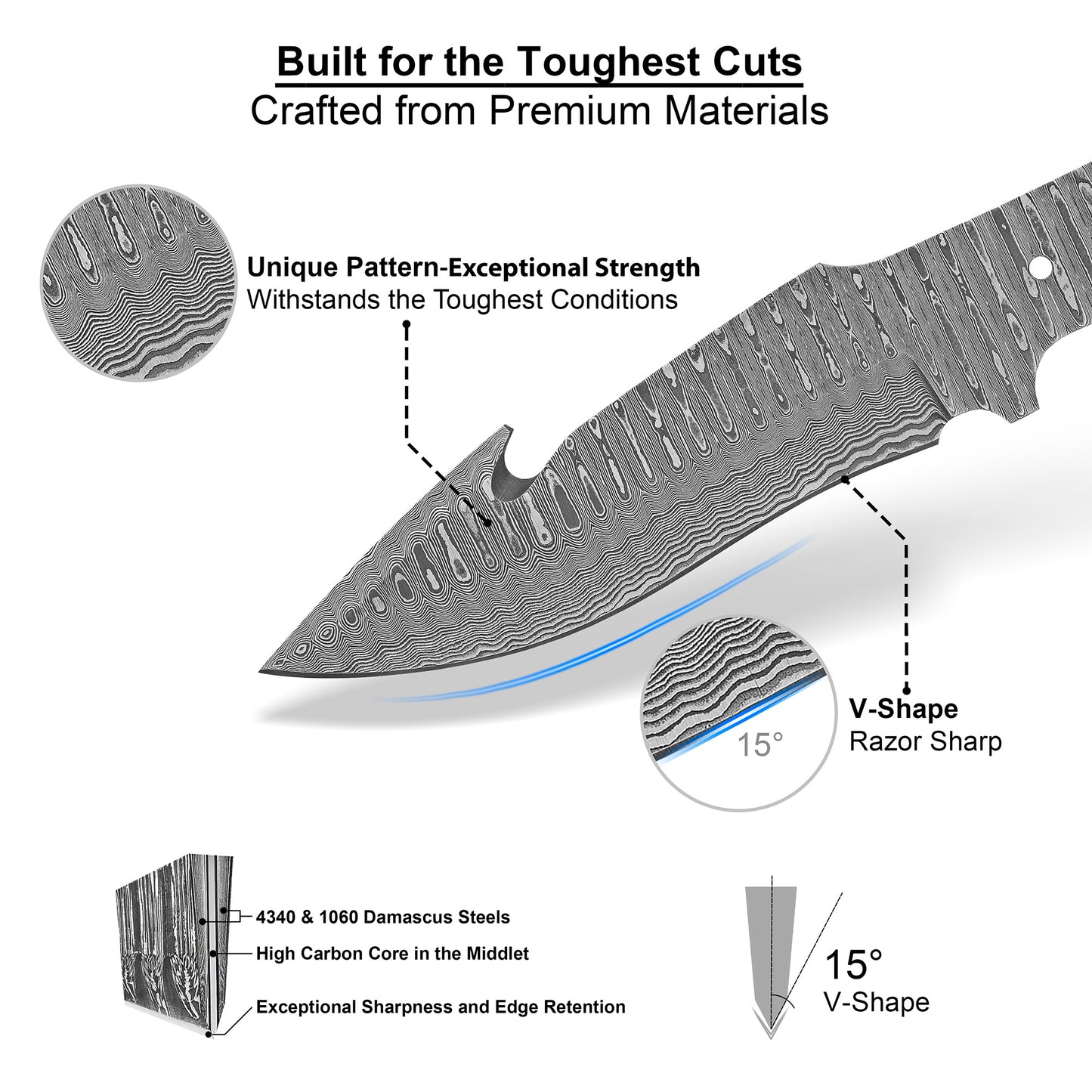 Damascus Steel Knife Making Kit 9” – Hand Forged Gut Hook Hunting & Skinner Full Tang Blade with Wenge Wood Handle NAKIT10
