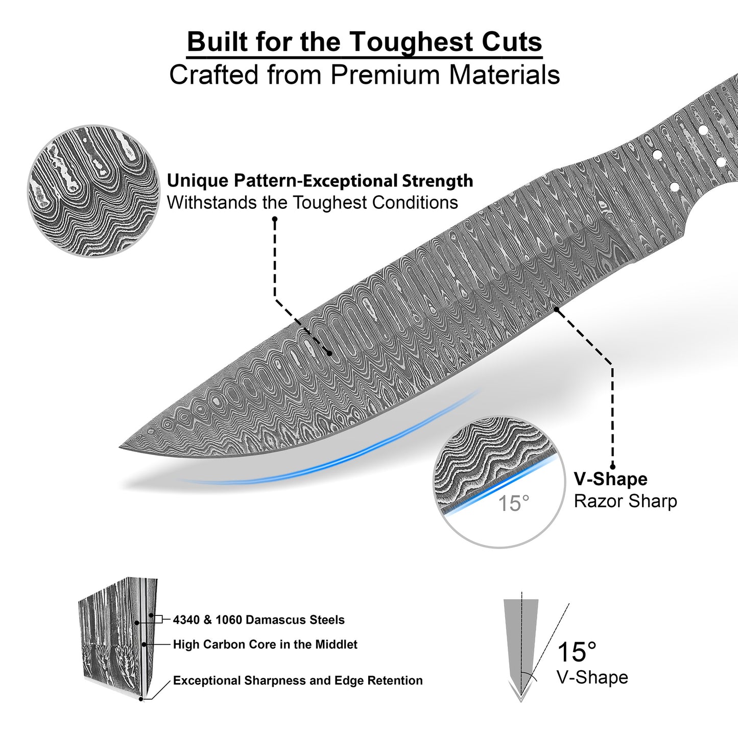 Damascus Steel Knife Making Kit 11.5” – Hand Forged Hunting Full Tang Blade with Olive Wood Handle NAKIT13