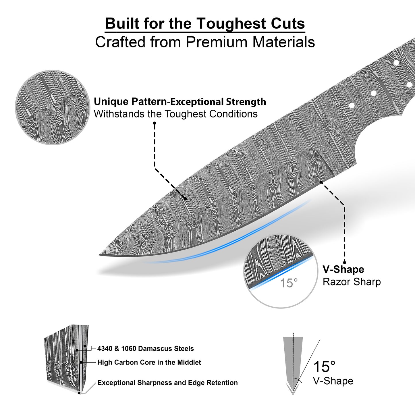 Damascus Steel Knife Making Kit 8.5” – Hand Forged Hunting & Skinner Full Tang Blade with Mulberry Wood Handle NAKIT03