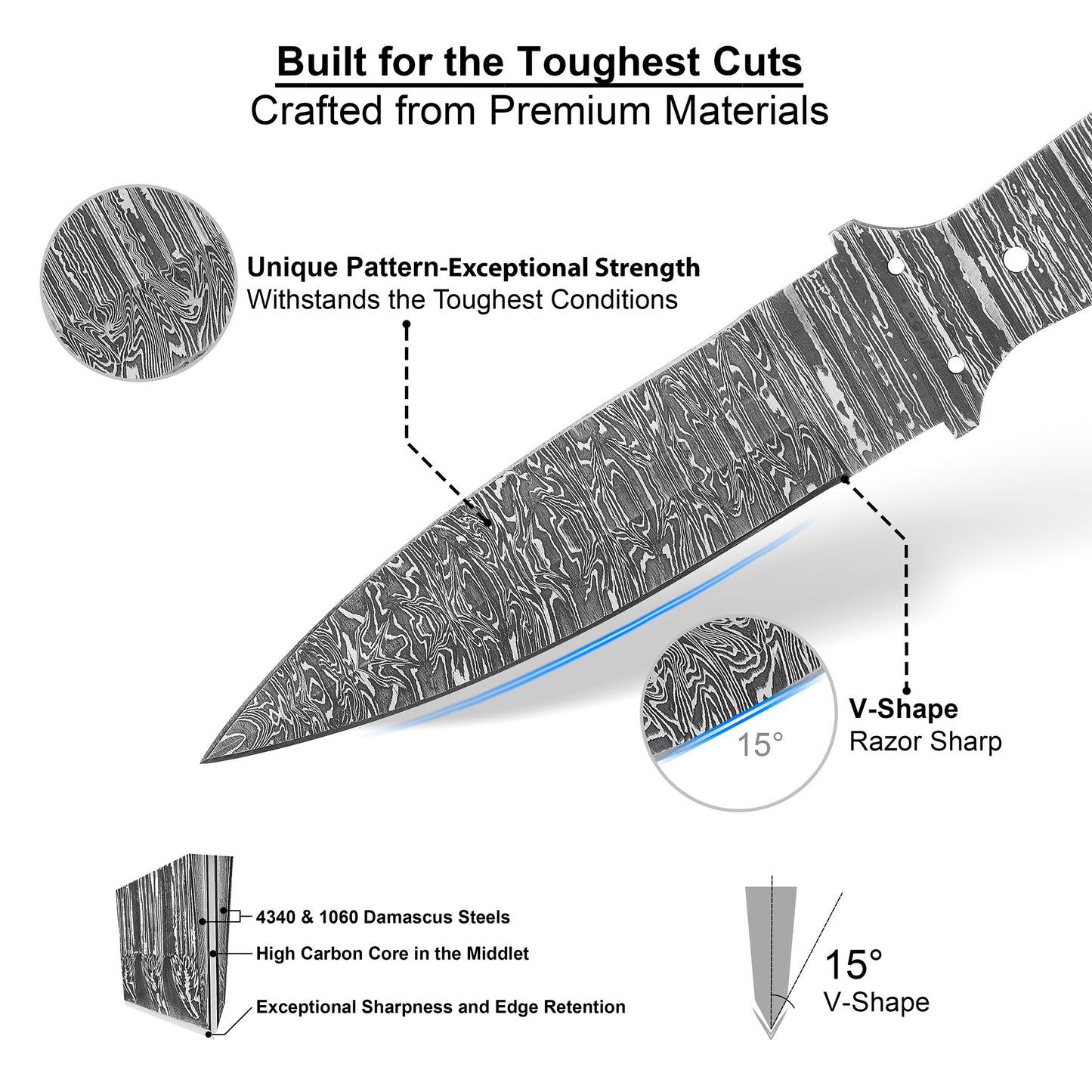 Damascus Steel Knife Making Kit 9.5” – Hand Forged Dagger Full Tang Blade with Musket Wood Handle NAKIT06