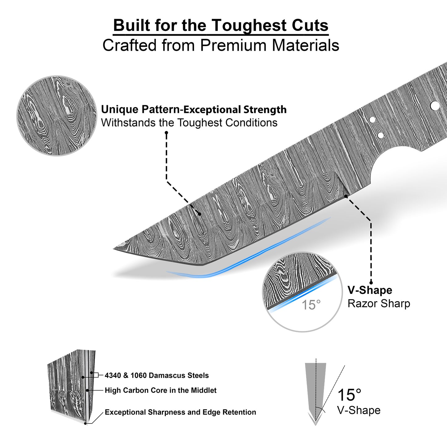 Damascus Steel Knife Making Kit 9” – Hand Forged Tanto Full Tang Blade with Olive Wood Handle NAKIT02