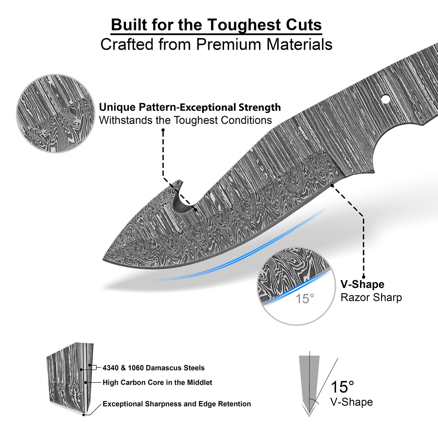 Damascus Steel Knife Making Kit 8.25” – Hand Forged Gut Hook Hunting Full Tang Blade with Wenge Wood Handle NAKIT08