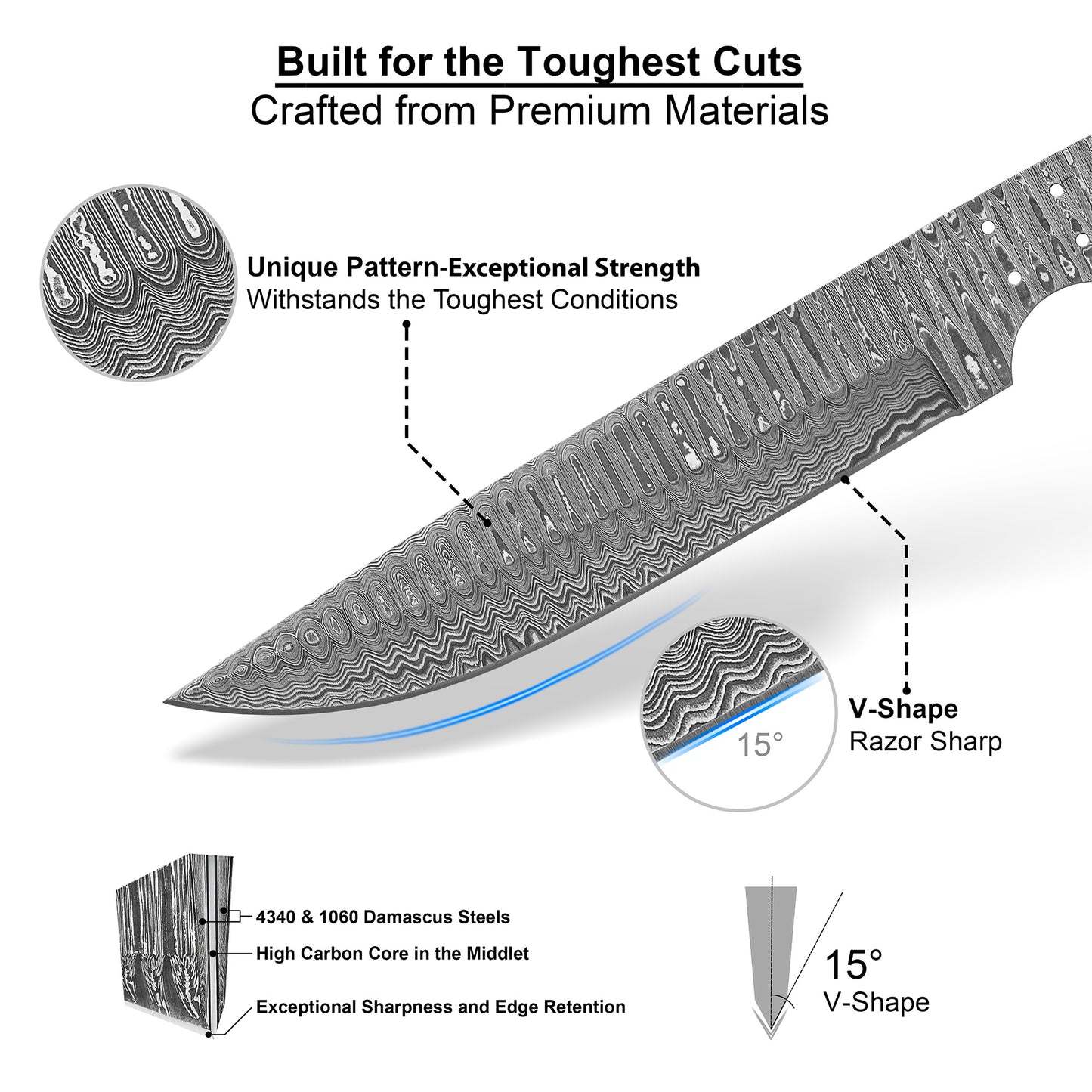 Damascus Steel Knife Making Kit 12” – Hand Forged Bowie Full Tang Hunting Blade with Mulberry Wood Handle NAKIT12