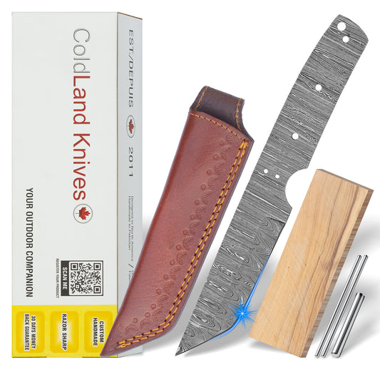 Damascus Steel Knife Making Kit 9” – Hand Forged Tanto Full Tang Blade with Olive Wood Handle NAKIT02