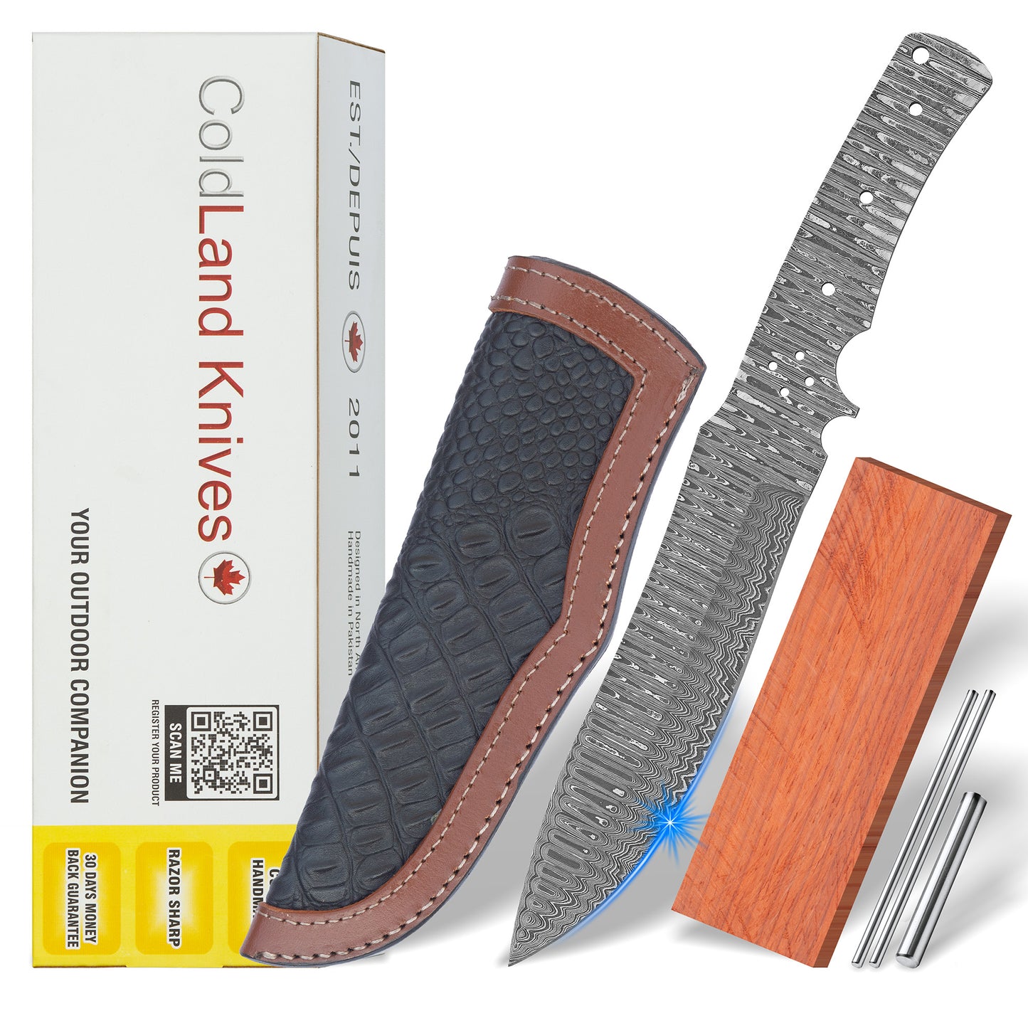 Damascus Steel Knife Making Kit 12” – Hand Forged Hunting & Skinner Full Tang Blade with African Red Padauk Wood Handle NAKIT14