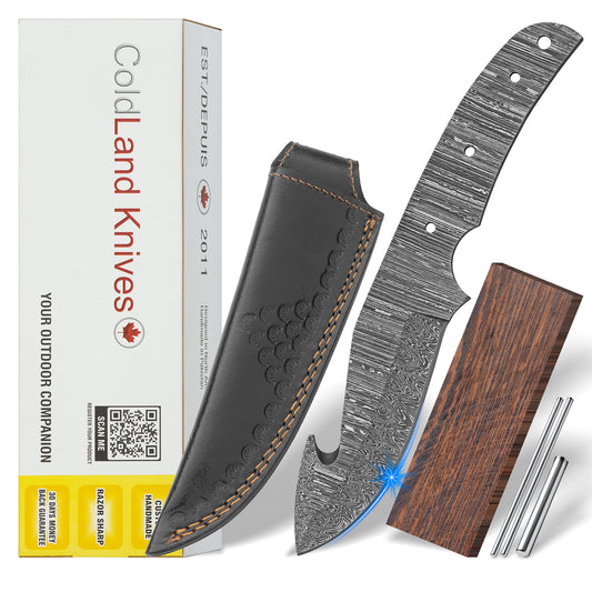 Damascus Steel Knife Making Kit 8.25” – Hand Forged Gut Hook Hunting Full Tang Blade with Wenge Wood Handle NAKIT08