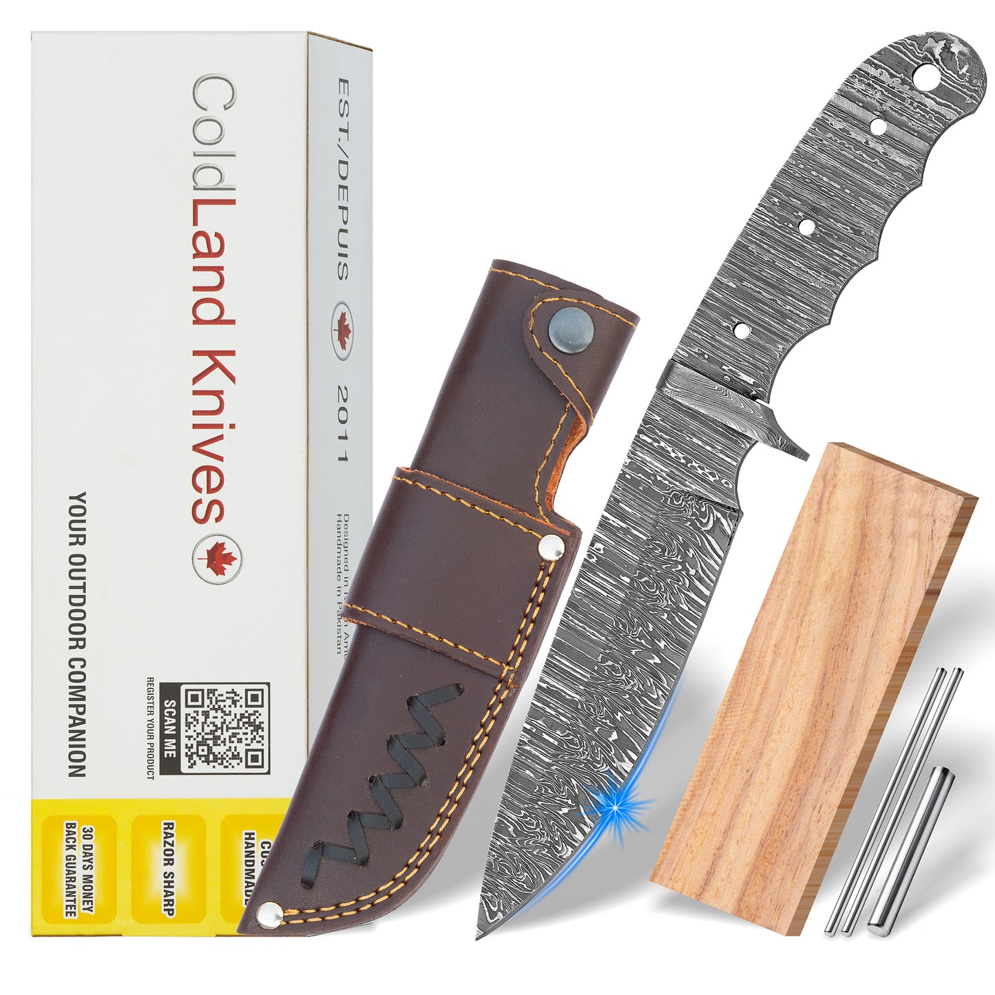 Damascus Steel Knife Making Kit 9.5” – Hand Forged Hunting Full Tang Blade with Rose Wood Handle & Damascus Bolster NAKIT09